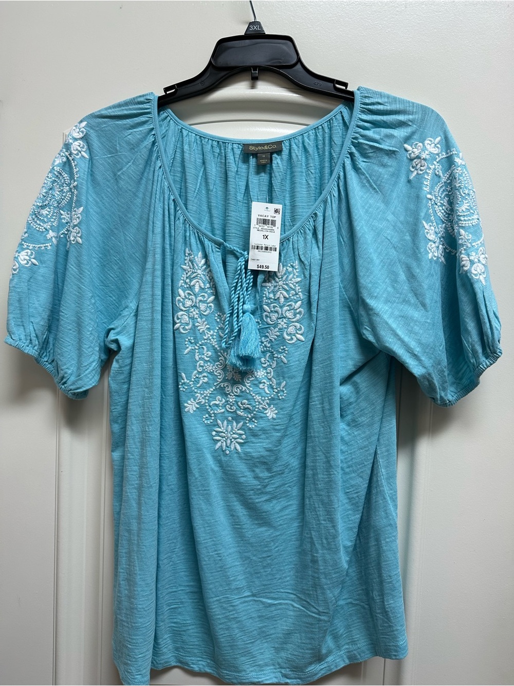 Style & Co, Turquoise Blue Embroidered Peasant Top with Tassel Tie